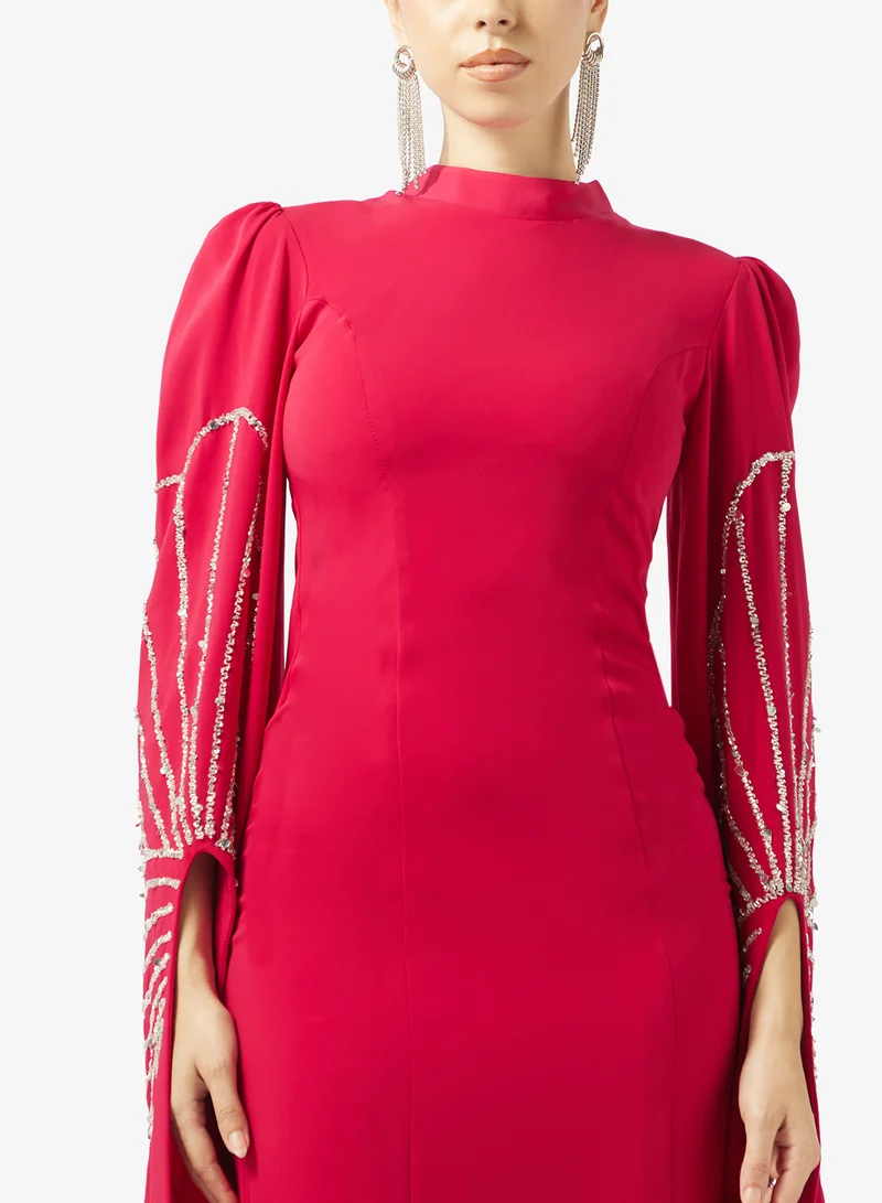 Akadia Fashion  BEADED WIDE SLEEVES CREPE DRESS for Women | Best Price UAE